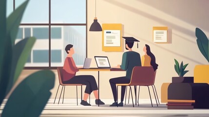 Students using e-learning platform video on laptop and graduation cap. Online education platform, e-learning platform, online teaching concept. Mobile UI UX GUI template, app interface wireframe illu