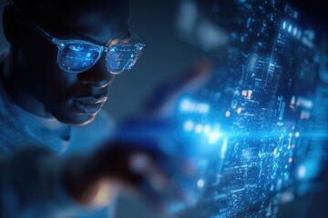 Man with glasses looking at a glowing blue tech structure with reflected data in the lenses of glasses