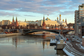 Grand Kremlin Palace, the ensemble of the Moscow Kremlin against the background of the Large Stone...
