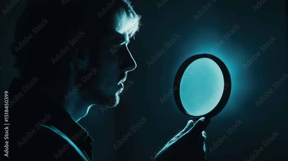 Poster A person studying an object or detail with a magnifying glass, useful for illustrations on science, research, and detective themes