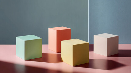 Fototapeta premium Pastel cubes on pink surface against muted blue backdrop, showcasing product display potential, minimalist aesthetic, clean design, ideal for branding or advertisement