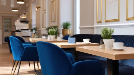 Fototapeta premium Cafe Interior: A contemporary cafe interior exudes elegance with its sophisticated design featuring wooden tables, plush blue chairs, and potted plants, creating an inviting atmosphere.