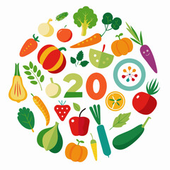 Colorful Vegetable Illustration for 2020 Circular design featuring various colorful fruits and vegetables arranged around the number 2020 vegetables fruits illustration design circle healthy food