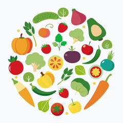 Colorful Variety of Fresh Fruits and Vegetables Circular graphic design showcasing various fruits vegetables vibrant colors vegetables fruits healthy food food illustration circle design tomato
