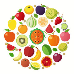 Colorful Variety of Fruits in a Circular Design circular arrangement various fruits including apples oranges kiwi watermelon and more displayed vibrant color scheme fruits apple