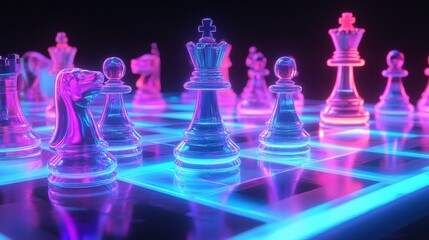 Neon Chessboard Battle, a vibrant chess set illuminated by glowing pieces, creating a captivating and energetic atmosphere