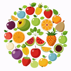 Colorful Variety of Fruits in a Circular Design circular arrangement various fruits including apples oranges plums kiwi and more with leaves fruits apples oranges plums