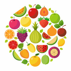 Colorful Circle of Fresh Fruits Circular arrangement various fruit slices and whole fruits vibrant colors fruit fruits apple orange watermelon strawberry pineapple grapefruit lemon raspberry