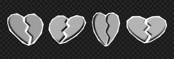Vector set of halftone broken hearts png. Halftone broken hearts in retro pop art style for collage. Hearts cut out from newspaper.