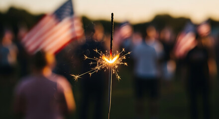 Sparkler Celebration at Dusk with American Flags