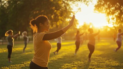 inclusive wellness banner celebrating National Wellness Month. sunrise in park, diverse group individuals, mindful movement and breathing. Wellness campaigns, corporate programs, healthcare outreach, 