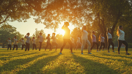 inclusive wellness banner celebrating National Wellness Month. sunrise in park, diverse group individuals, mindful movement and breathing. Wellness campaigns, corporate programs, healthcare outreach, 