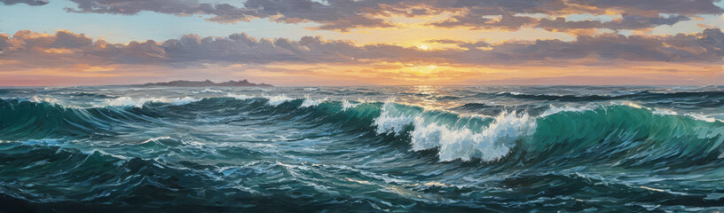 Dynamic seascape showing powerful ocean waves crashing under a colorful sunset sky, with vibrant hues reflecting on the water surface.
