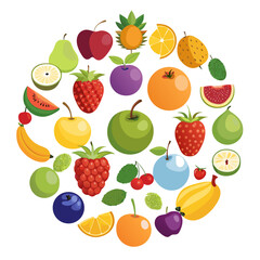 Colorful Variety of Fruits in a Circular Arrangement vibrant illustration various fruits arranged circular pattern fruits illustration circular pattern apple banana orange lemon strawberry watermelon