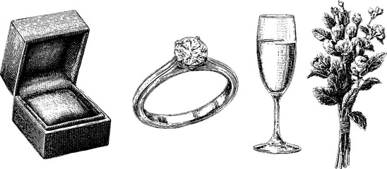 Elegant jewelry and celebration symbol engraving set featuring engagement ring and accessories