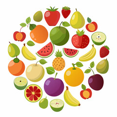 Colorful Circle of Fresh Fruits vibrant circular arrangement various fruits including apples oranges bananas and berries fruits circle illustration apple orange banana strawberry watermelon grape