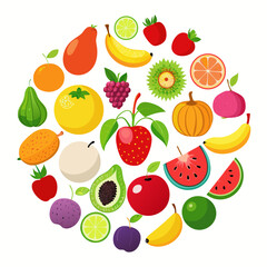 Colorful Circle of Various Fruits Circular arrangement various colorful fruits including slices and whole fruits fruits fruit circle illustration vector apple banana strawberry orange grape
