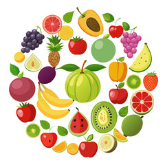 Colorful Variety of Fruits in a Circular Arrangement vibrant circular design showcasing various fruits including slices and whole fruits fruits fruit illustration circular arrangement variety