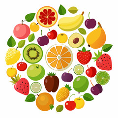 Colorful Variety of Fruits Arranged in a Circle circular arrangement various fruits including apples bananas oranges kiwi cherries and more fruits circle arrangement illustration apple