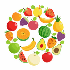 Colorful Variety of Fruits in a Circular Pattern arrangement various colorful fruits including apples bananas oranges strawberries and more fruits apple banana orange strawberry watermelon