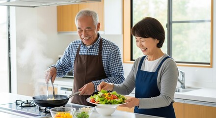 日本人シニア夫婦のセカンドライフ・笑顔で料理（老夫婦）
