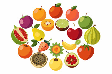 Colorful Variety of Fruits in a Spiral Design circular arrangement various fruits spiral pattern fruits spiral circular pattern design apple orange plum lime pear fig