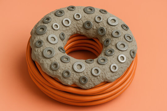 Creative fast food donut made from hardware washers, cement, and orange cable on pastel background, surreal abstract concept - Powered by Adobe