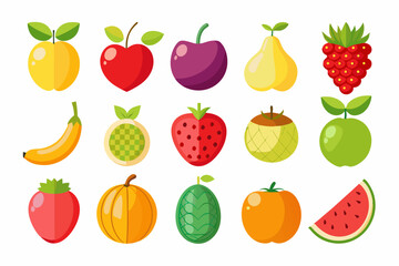 Flat Design Colorful Fruit Icons Collection various fruits flat design style fruit icons flat design illustration apple banana cherry plum pear strawberry raspberry kiwi orange