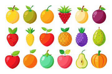 Collection of Colorful Cartoon Fruits Flat illustration various fruits including apples oranges berries and more fruits apple orange banana pineapple strawberry raspberry berry plum grapes