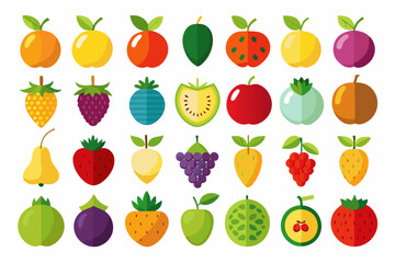 Colorful Flat Design Fruit Icons Collection various fruits flat design style whole and sliced fruit icons flat design illustration apple orange banana strawberry grape watermelon