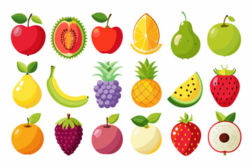 Colorful Flat Illustration of Various Fruits Collection cartoon fruit icons vibrant colors fruits fruit icons illustration apple orange pear banana pineapple grapes strawberry watermelon kiwi