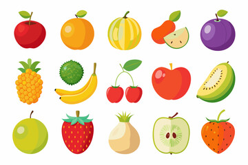 Colorful Collection of Fruits in Flat Design Style Various fruits depicted cartoonish flat style including apples oranges melons plums and more fruits apple orange melon