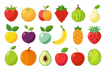 Colorful Flat Design Fruit Illustrations Collection various fruits vibrant colors fruit illustration design flat colorful apple orange strawberry banana peach pear watermelon raspberry plum kiwi