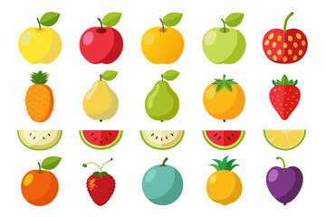 Collection of Colorful Flat Fruit Illustrations Various fruits displayed flat design style including apples pears oranges strawberries pineapples and more fruit apples oranges strawberries pineapples