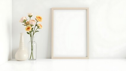 Wooden Poster Frame Mockup with flower vase
