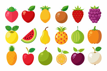 Colorful Flat Illustration of Various Fruits Collection cartoon fruit icons vibrant colors fruits illustration apple strawberry pineapple banana watermelon pear grapes kiwi orange lemon plum