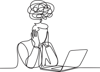 Continuous line drawing of stressed businessman with mental burden and depression due to office work pressure

