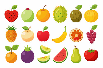 Collection of Colorful Cartoon Fruits Flat illustration various fruits including apples bananas grapes and more fruits illustration apple banana strawberry grapes orange pineapple watermelon pear