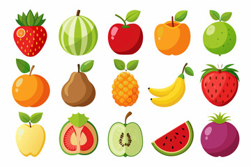 Collection of Colorful Cartoon Fruits Flat illustration various whole and sliced fruits fruits fruit illustration cartoon fruits apple watermelon strawberry banana pear kiwi pineapple apricot