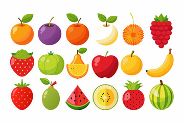 Colorful Flat Illustration of Various Fruits Collection cartoon style fruit icons vibrant colors fruits fruit icons illustration flat design apple orange banana strawberry plum pear watermelon