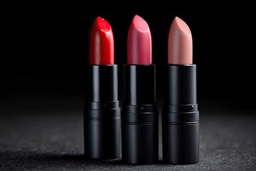Three lipsticks red pink and nude stand on a dark surface against a dark background