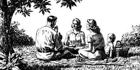 Vintage family picnic gathering under a tree engraving for nostalgic design