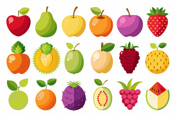 Collection of Colorful Flat Fruit Illustrations Various fruits flat design style including apples pears berries and more fruit apple pear strawberry berry raspberry orange kiwi