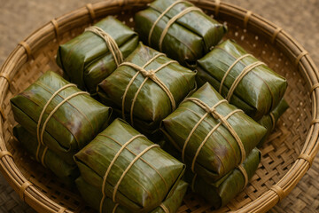 Traditional leaf wrapped rice parcels arranged in a woven basket, showcasing asian culinary heritage and natural packaging methods