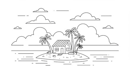 Minimal line drawing of a house on a tropical island with palm trees  