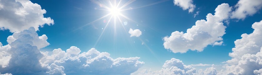 Sun Rays and White Clouds on a Clear Blue Sky – Natural Light Concept