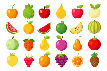 Colorful Flat Illustration of Various Fruits Collection cartoon fruit icons vibrant colors fruit illustration apple pear orange pineapple watermelon grapes kiwi cherries strawberry mango jackfruit