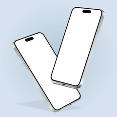 Two mobile phone mockup with blank screens while levitating in the air on a blue background
