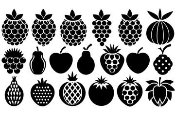 Collection of Black and White Fruit Icons Silhouette icons various fruits berries including raspberries grapes pears apples strawberries pineapples more fruit berries raspberries grapes pears