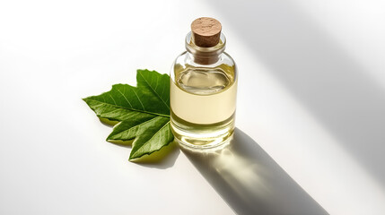 Three bottles of essential oil stand on the table, containing cosmetics fluid